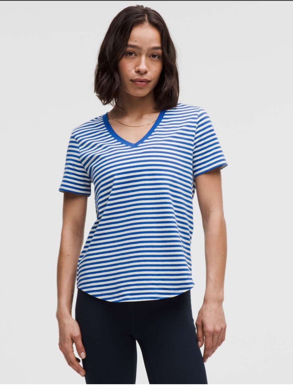 lululemon athletica Striped V‑Neck Tee in Galactic Cobalt and Light Ivory